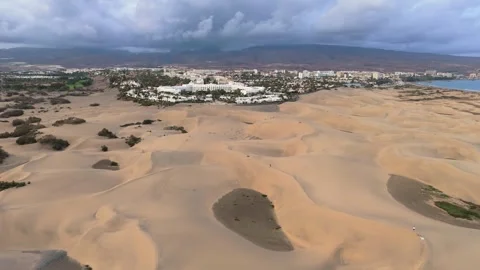Drone View of Maspalomas Desert Dunes with Resort Hotel, Gran Canaria Stock Footage 305645201