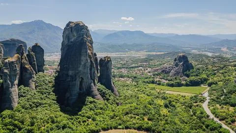 Drone view of massive Meteora rock formations near Kastraki village in Thes.. Stock Photos