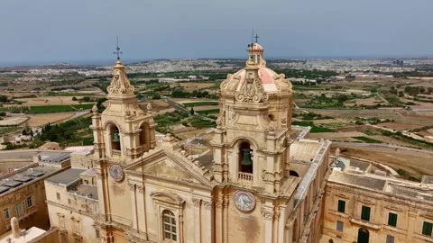 Drone view of Mdina cathedral. Old capital of Maltese island Stock Footage 277585385