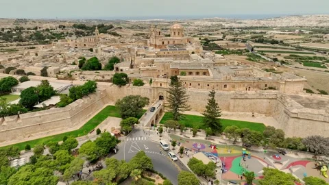 Drone view of Mdina gate and city. Old capital of Maltese island Stock Footage 277584279