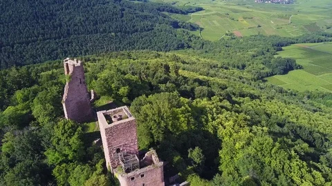 Drone view of a medieval castle in Alsace. History and culture of Europe. Stock Footage 111392224