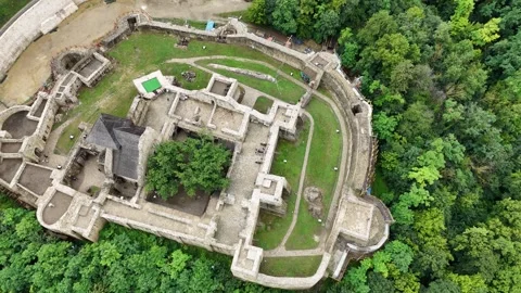 Drone View of the Medieval Suceava Citadel and Ancient Stone Fortifications Stock Footage 314236522