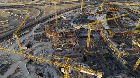 Drone view of Mega construction of Saudi Arabia on the sunset Stockbeeldmateriaal 285325623