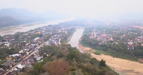 Drone view of Mekong river and Nam Khan river at Luangprabang, laos. Stock Footage 90662976