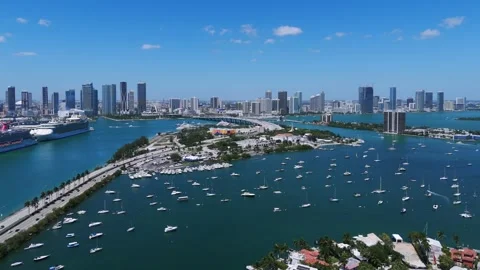 Drone view of Miami Downtown with clear blue sky above and ocean surrounding it Stock Footage 281936896