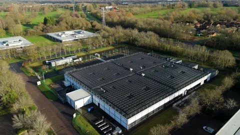 Drone view of a Milton Keynes tech hub, showing external cooling arrays and Stockbeeldmateriaal 333019974