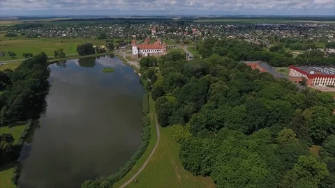 Drone view of the Mir Castle complex in the region of Grodno, in Belarus Stock Footage 104348739