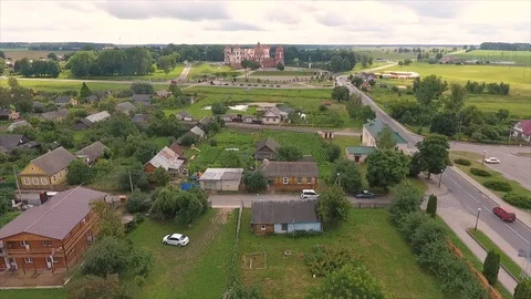 Drone view of the Mir Castle complex in the region of Grodno, in Belarus Stock Footage 104348845