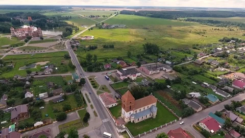 Drone view of the Mir Castle complex in the region of Grodno, in Belarus Stock Footage 104349039