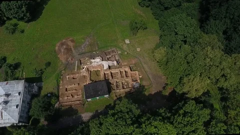 Drone view of the Mir Castle complex in the region of Grodno, in Belarus Stock Footage 104349431