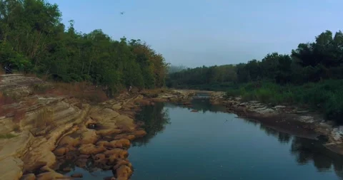 Drone view of misty tropical river surrounded by dense jungle at sunrise Video stock 332885228