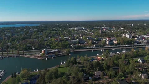 Drone view of modern apartment buildings by the Baltic Sea in Finland Stock Footage 335576174