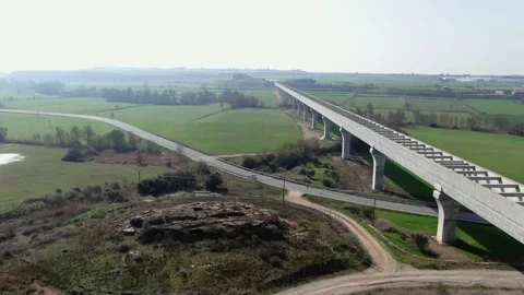 Drone view of a modern aqueduct with its pillars. Stock Footage 150362452