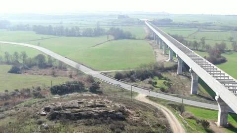 Drone view of a modern aqueduct with its pillars. Stock Footage 150368167