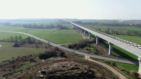 Drone view of a modern aqueduct with its pillars. Stock Footage 150384547