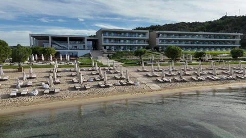 Drone view of modern seaside resort and organized beach, Halkidiki, Greece Stock Footage 327790083