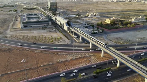 Drone view of the modern subway line in Riyadh Saudi Arabia on the sunset Stockbeeldmateriaal 285326659