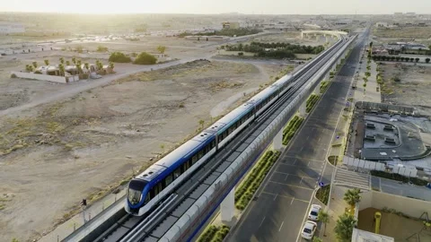 Drone view of the modern subway line in Riyadh Saudi Arabia on the sunset Stockbeeldmateriaal 285326675