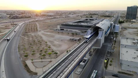 Drone view of the modern subway line in Riyadh Saudi Arabia on the sunset Stockbeeldmateriaal 285326798