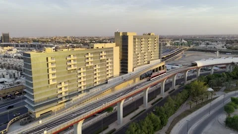 Drone view of the modern subway line in Riyadh Saudi Arabia on the sunset Stockbeeldmateriaal 285326842