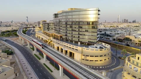 Drone view of the modern subway line in Riyadh Saudi Arabia on the sunset Stockbeeldmateriaal 285327009