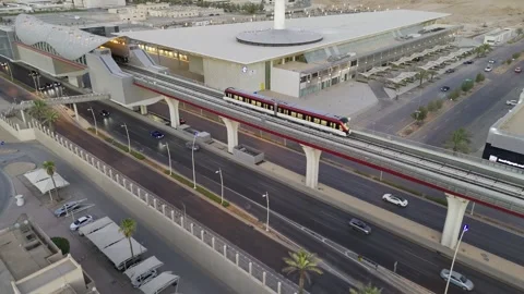Drone view of the modern subway line in Riyadh Saudi Arabia on the sunset Stockbeeldmateriaal 285327127