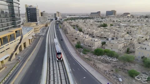 Drone view of the modern subway line in Riyadh Saudi Arabia on the sunset Stockbeeldmateriaal 285327136