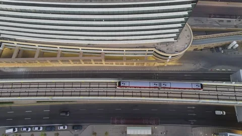 Drone view of the modern subway line in Riyadh Saudi Arabia on the sunset Stockbeeldmateriaal 285327238