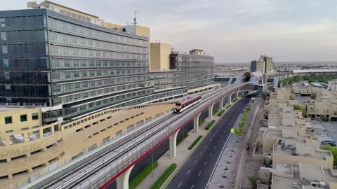 Drone view of the modern subway line in Riyadh Saudi Arabia on the sunset Stockbeeldmateriaal 285327304