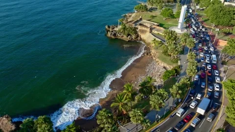 Drone view of a modern urban coastal road.  Stockbeeldmateriaal 345075962