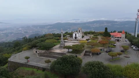 Drone View of Monte da Franqueira Chapel Square with Column Staircase and Valley Видео 332947114