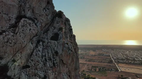 Drone View of Monte Monaco with San Vito Lo Capo Town and Sunset, Sicily Stock Footage 317405000