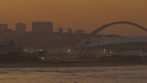 Drone view of Moses Mabhida Stadium at sunset Video stock 340563948