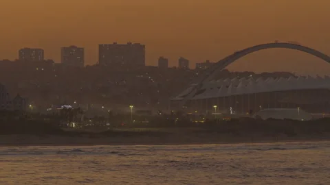 Drone view of Moses Mabhida Stadium at sunset Stock Footage 340564090