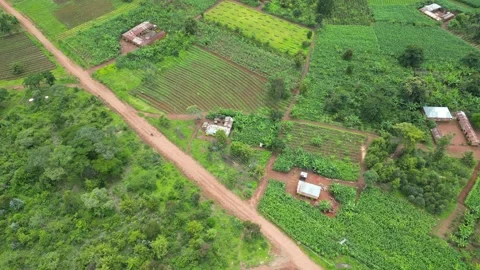 Drone view to Motorcyclist passing through a village in Africa. Stock Footage 235443431
