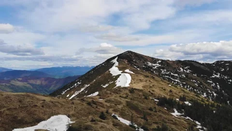 Drone View Of The Mountain Peak And Ridge In Spring With Spots Of Melting Snow Stock Footage 195234206