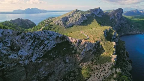 Drone view of a mountain region in Majorca with Multiple cars stuck in traffic. Stock Footage 197487668