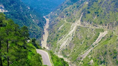 Drone View of Mountain Road and River – Shimla Kaza Highway Stock Footage 314833585
