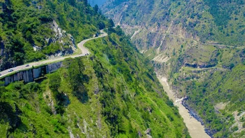 Drone View of Mountain Road, Valley and River – Shimla–Kaza Highway Stock Footage 314781479