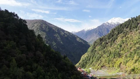 Drone View of Mountain Waterfall and Canyon in Li Sichuan China Stock Footage 341609588