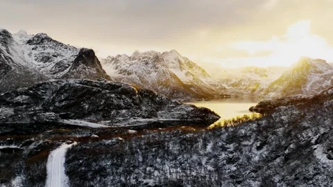 Drone view of mountains in Arnoja Stronstad fjord, Norway Stock Footage 305029058