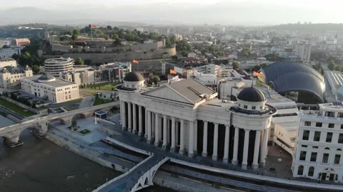 Drone view of the Museum of the Republic of North Macedonia Stock Footage 155338879