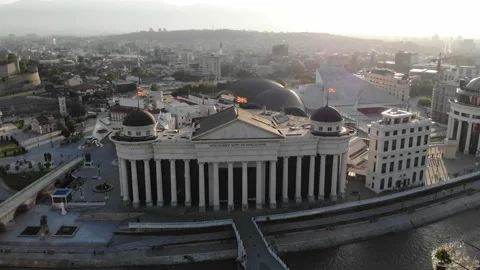 Drone view of the Museum of the Republic of North Macedonia in Skopje. Stock Footage 155338898