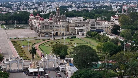 Drone view of Mysore Palace or Amba Vilas palace historic royal residence a.. Video stock 330988367