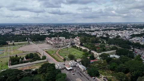 Drone view of Mysore Palace or Amba Vilas historic royal residence amidst t.. Video stock 330988412