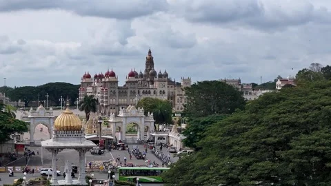 Drone view of Mysore Palace or Amba Vilas palace historic royal residence a.. Video stock 330988413