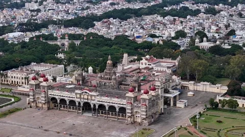 Drone view of Mysore Palace or Amba Vilas historic royal residence amidst t.. Video stock 330988570
