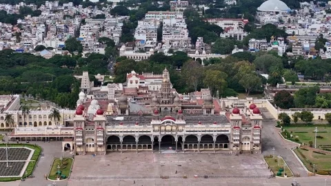 Drone view of Mysore Palace or Amba Vilas historic royal residence amidst t.. Video stock 330988938