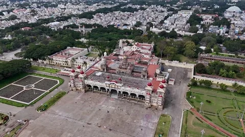 Drone view of Mysore Palace or Amba Vilas historic royal residence amidst t.. Video stock 330989073