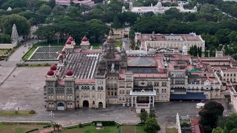 Drone view of Mysore Palace or Amba Vilas historic royal residence amidst t.. Video stock 330989109